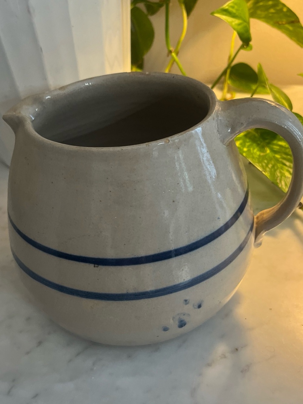 Vintage Stoneware Primitive Country Farmhouse Kitchen Crock Pitcher Blue Stripes